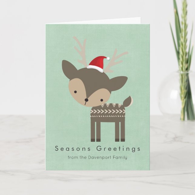Seasons Greetings Deer In A Red Santa Hat Retro Holiday Card (Front)