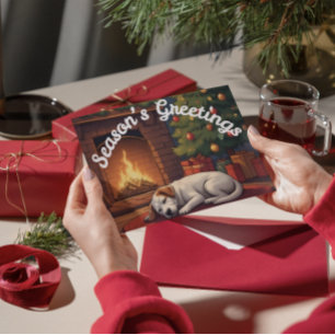 Season's Greetings Dog Sleeping by Fireplace Holiday Postcard