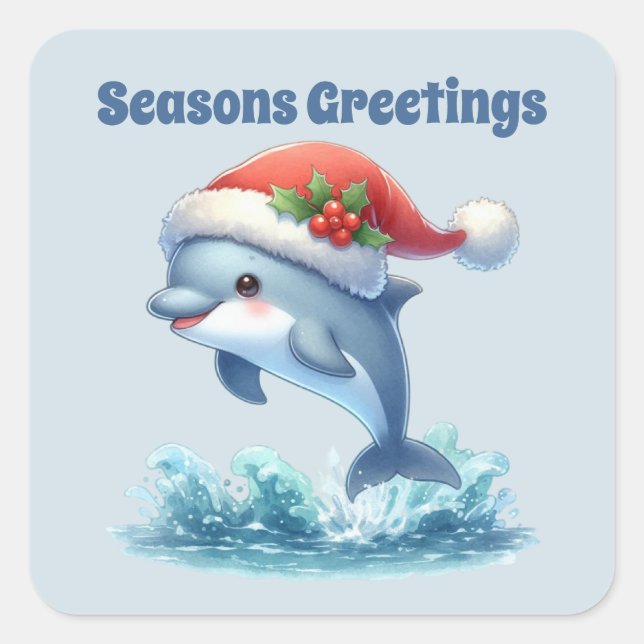 Seasons Greetings dolphin Christmas Square Sticker (Front)
