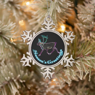 Season's Greetings - Electric Caribou Snowflake Pewter Christmas Ornament