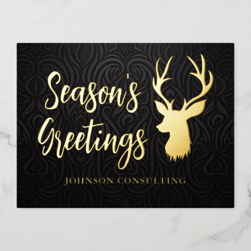 Seasons Greetings Elegant Black Damask Reindeer Foil Holiday Postcard