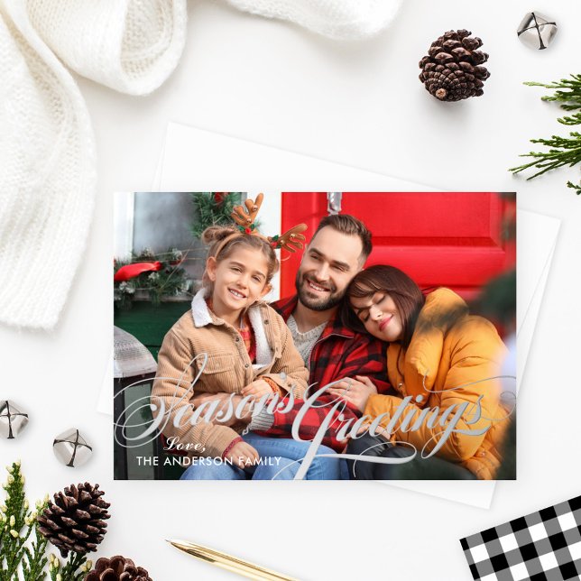 Seasons Greetings Elegant Calligraphy Script Photo Foil Holiday Card (Creator Uploaded)