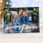 Seasons Greetings Elegant Calligraphy Script Photo Holiday Card<br><div class="desc">Folded photo card features an elegant white "Season's Greetings" calligraphy script overlay design with custom text that can be personalized with your name(s), the year, and a favorite landscape style photo. The inside of the card includes additional text that can be personalized with a custom message. Photo credit: Sunbeam Photography...</div>