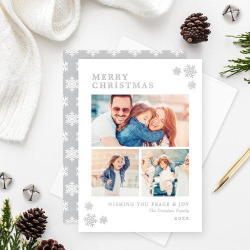 Seasons Greetings Elegant Photo Collage Silver Foil Holiday Card