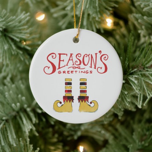 Seasons Greetings Elf Shoes Ceramic Ornament