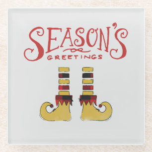 Season's Greetings Elf Shoes Glass Coaster