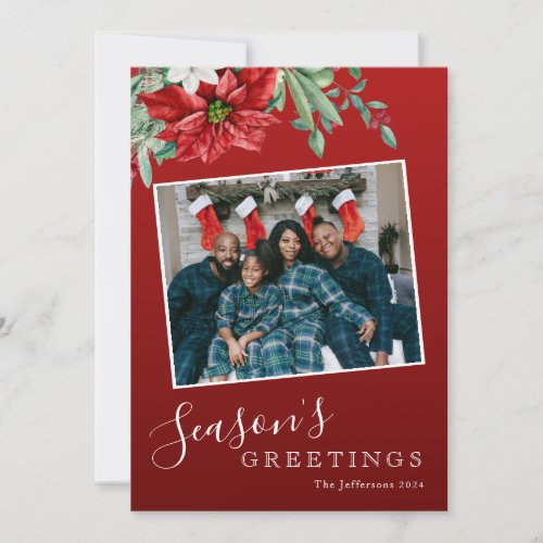 Seasons Greetings  Family Photo Red Christmas Holiday Card