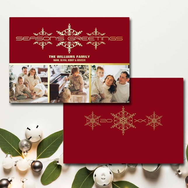 Season's Greetings Family Photos Christmas Foil Holiday Card (Send season's greetings to one and all with this personalized photo Christmas card.)