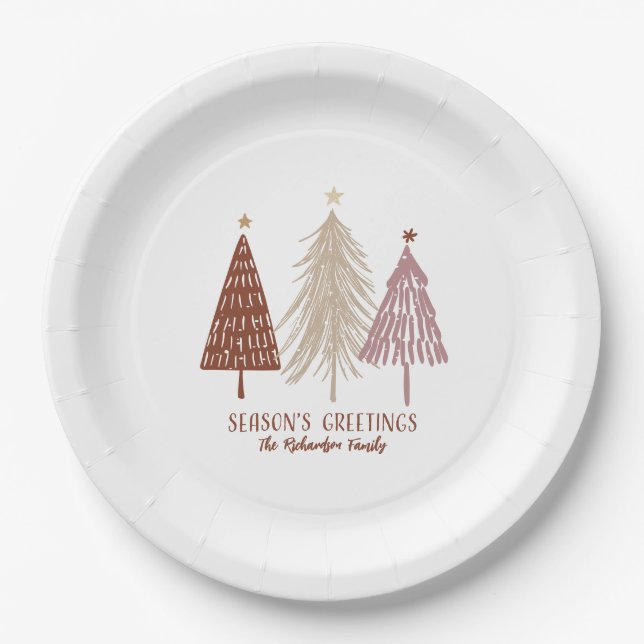 Seasons Greetings  Festive Merry Christmas Trees Paper Plates (Front)