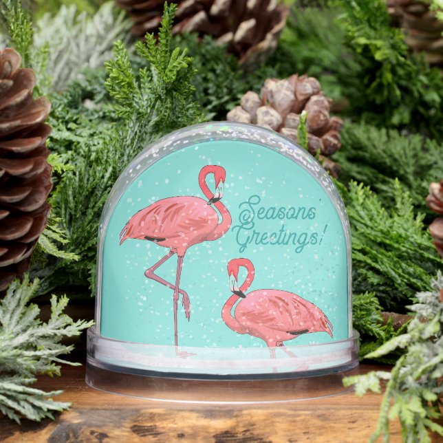 Seasons Greetings Flamingos Retro Christmas Snow Globe (Winter)