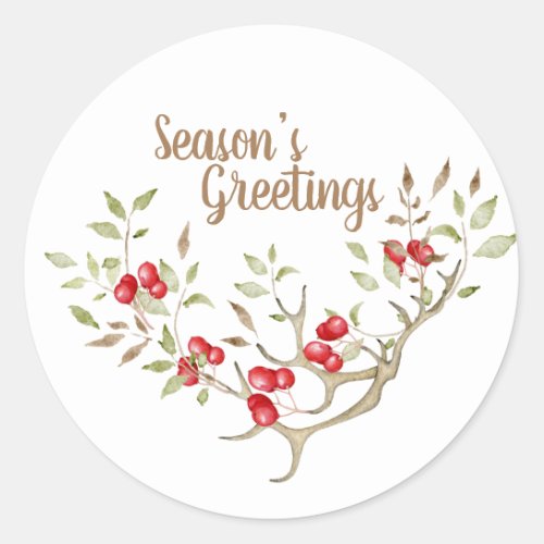 Seasons Greetings Floral Holidays Watercolor Red Classic Round Sticker