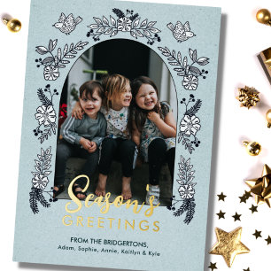 Season's Greetings Flowers Photo Arch Foil Holiday Card