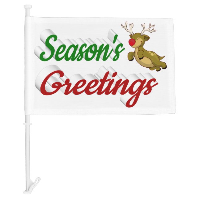 Seasons Greetings Flying Reindeer Christmas script Car Flag (Front)