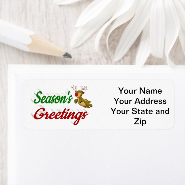 Seasons Greetings Flying Reindeer Christmas script Label (Insitu)