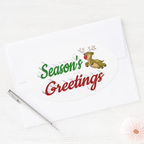 Seasons Greetings Flying Reindeer Christmas script Oval Sticker