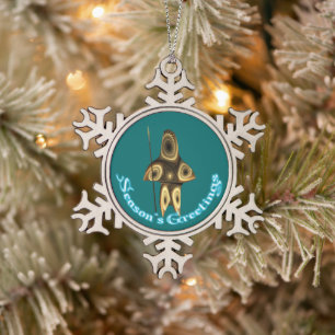 Season's Greetings - Fractal Inuit Hunter Snowflake Pewter Christmas Ornament