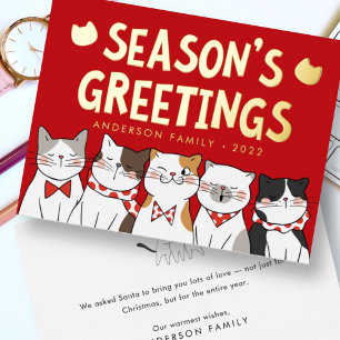 Season's Greetings Funny Cute Cats Caroling Foil Holiday Card
