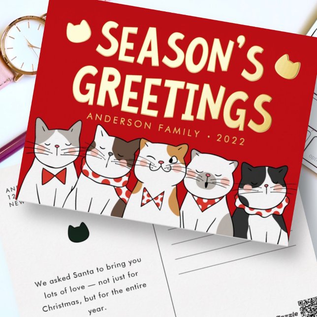 Season's Greetings Funny Cute Cats Caroling Foil Holiday Postcard (Creator Uploaded)