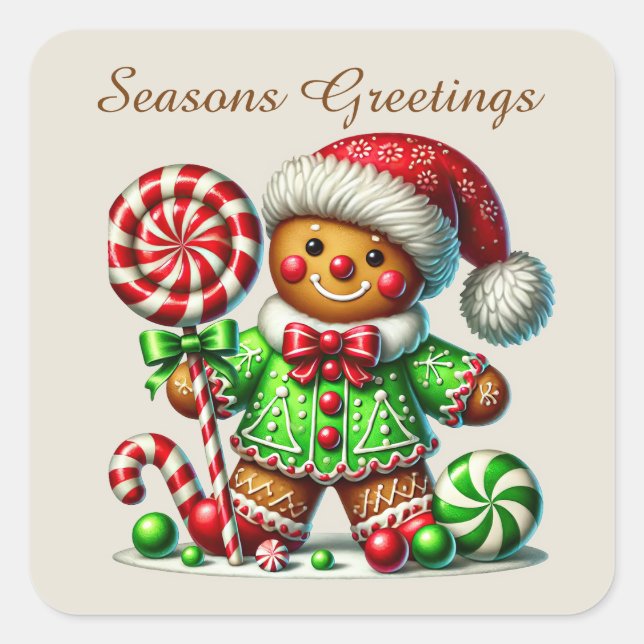 Seasons Greetings gingerbread add text  Square Sticker (Front)