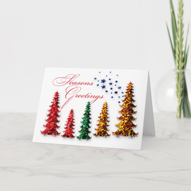 Seasons Greetings Glitter Christmas Trees Holiday Card (Front)