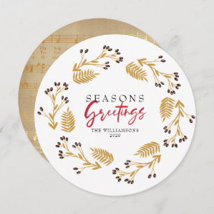 Seasons Greetings Gold Floral Wreath Holiday Card