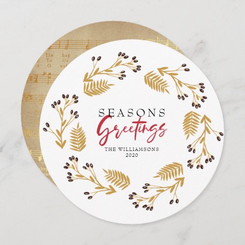 Seasons Greetings Gold Floral Wreath Holiday Card