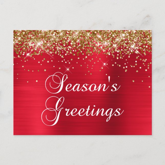 Season's Greetings Gold Glitter Red Foil Holiday Postcard (Front)