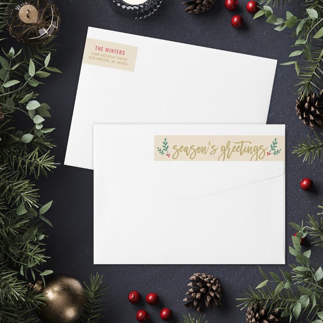 Seasons Greetings Gold Modern Holly Berry Wrap Around Label (Creator Uploaded)