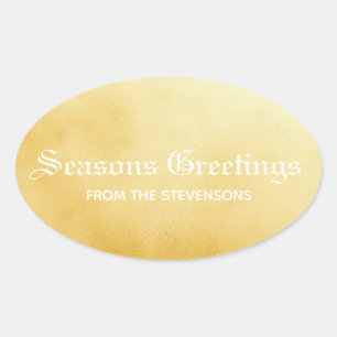 Seasons Greetings Gold Oval Sticker