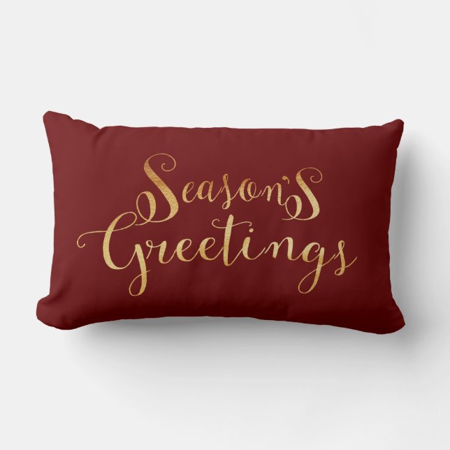 Seasons Greetings Gold Script Elegant Holiday Lumbar Pillow (Front)