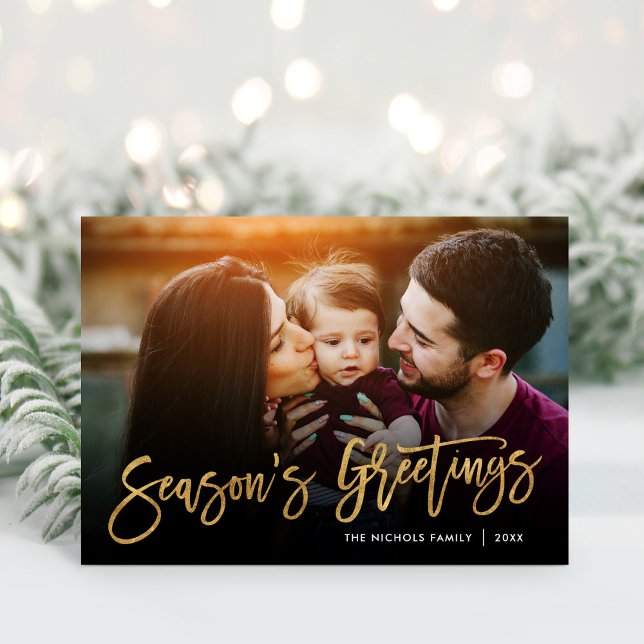 Season's Greetings Gold Script Photo Overlay Holiday Card (Creator Uploaded)