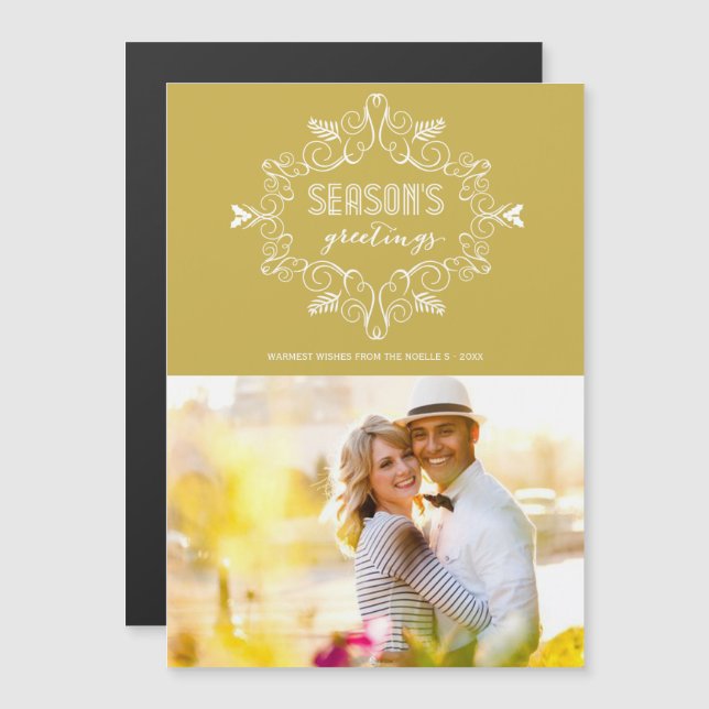 Season's Greetings Gold Vintage Deco Foliage Photo (Front/Back)