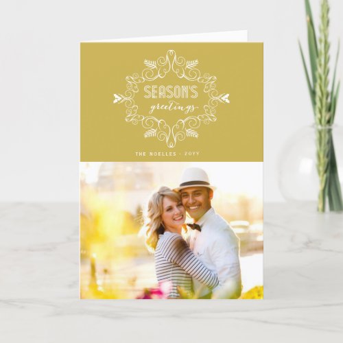 Seasons Greetings Gold Vintage Deco Foliage Photo Holiday Card