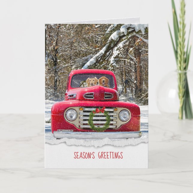 Season's Greetings Golden Retrievers in red truck Card (Front)