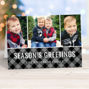 Seasons Greetings Gray Buffalo Plaid Photo Collage Holiday Card
