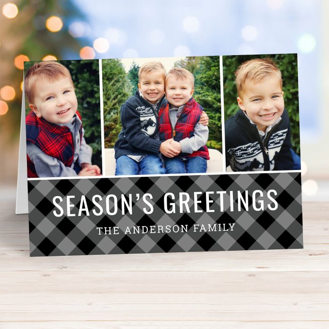 Seasons Greetings Gray Buffalo Plaid Photo Collage Holiday Card (Creator Uploaded)