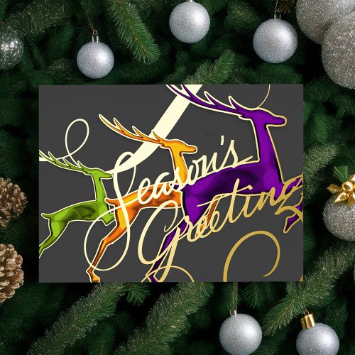 Seasons Greetings Gray Orange Lime Purple Deer Holiday Card