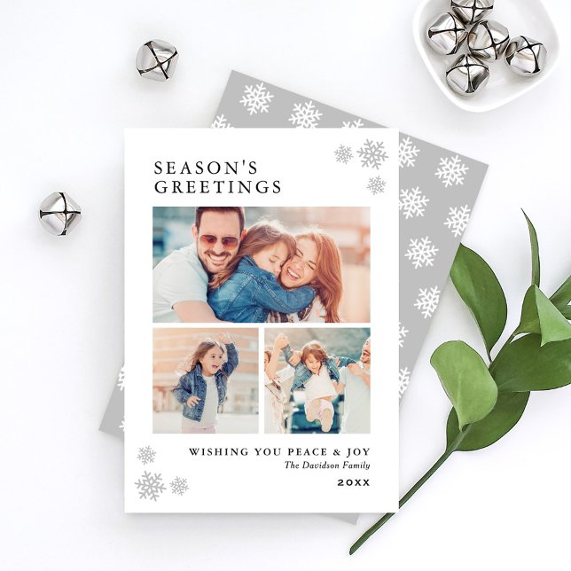 Seasons Greetings Gray Snowflake Photo Holiday Card (Creator Uploaded)
