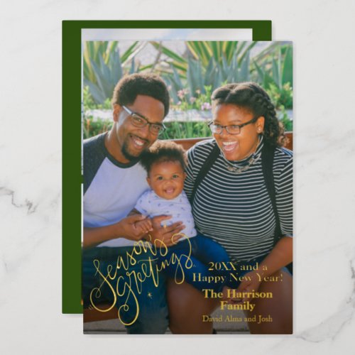 Seasons Greetings Green Personalized Photo Gold Foil Holiday Card