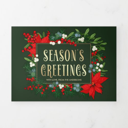 Seasons Greetings Greenery Floral Multi Photo Tri_Fold Card