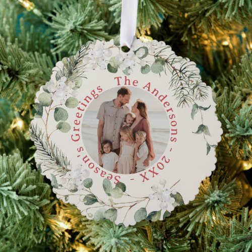 Seasons Greetings Greenery Wreath Photo Holiday Ornament Card