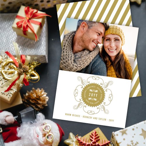 Seasons Greetings Happy New Year Gold Seal Photo Holiday Card