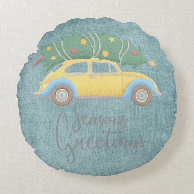 Seasons Greetings Holiday Car & Tree Round Pillow (Front)
