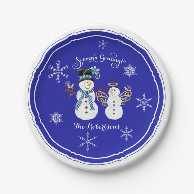 Season's Greetings Holiday Party Snowmen Snowflake Paper Plates (Front)