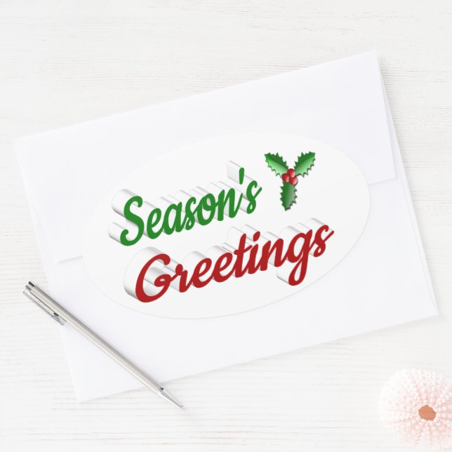Seasons Greetings Holly Christmas red green script Oval Sticker (Envelope)