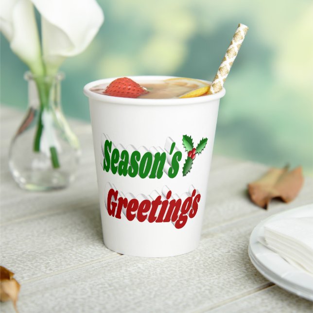 Seasons Greetings Holly Christmas typography Paper Cups (Insitu)