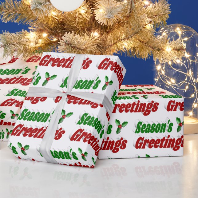 Seasons Greetings Holly Christmas typography Wrapping Paper (Holidays)