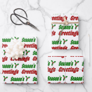 Seasons Greetings Holly Christmas typography Wrapping Paper Sheets