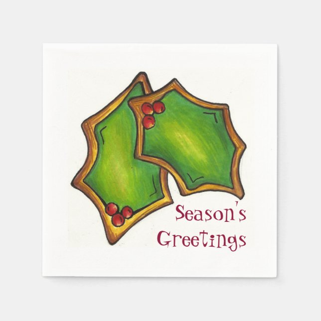 Season's Greetings Holly Cookie Christmas Holiday Napkins (Front)