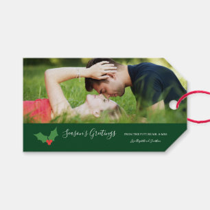 Season's Greetings Holly Engaged Couple Photo Gift Tags